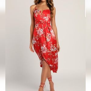 Red Floral Print Midi Dress Lulus